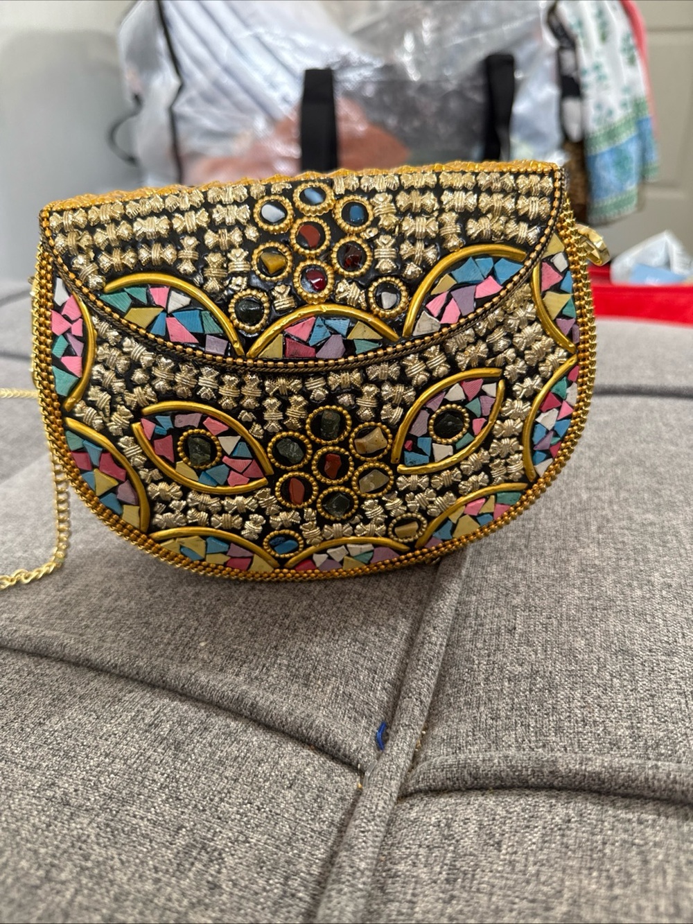 NWOT Ramla Beaded Clutch Gold Mosaic Design Chain Strap Handmade Boho Festival